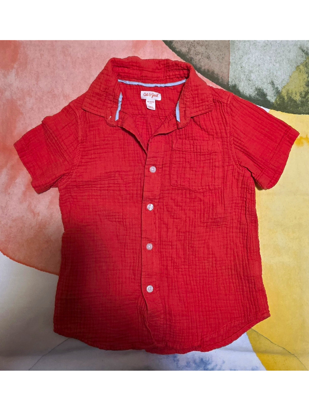 Cat & Jack Boys Size 4 Red Solid Cotton Point Collar Short Sleeve Button-Up